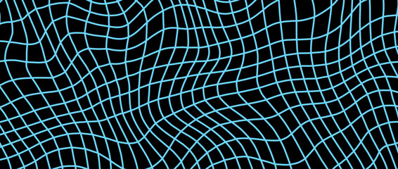 Distorted blue wireframe background. Abstract wavy checkerboard wallpaper. Warped and curved grid surface pattern. Geometric texture with optical illusion effect. Vector illustration