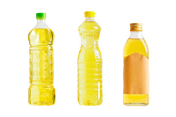 Vegetable and olive oil glass bottle isolated on white background with clipping path, organic healthy food for cooking.