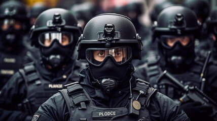 Fototapeta premium Police SWAT unit in a picture shot while on duty. GENERATE AI
