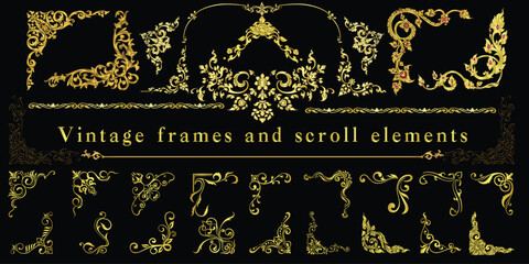 Borders vector design, Golden Corner. Set of corners and borders, Ornament elements vintage