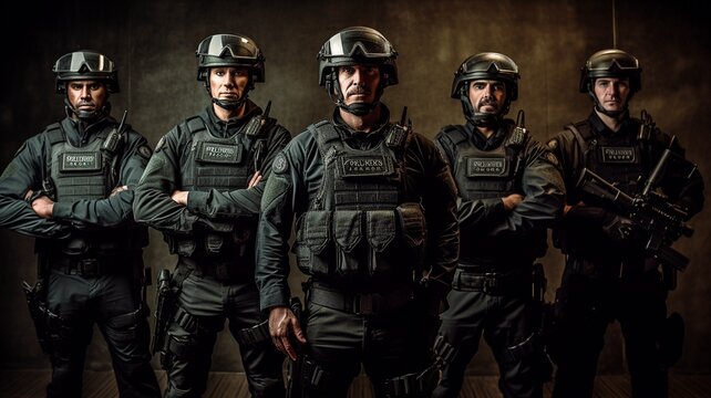 Police SWAT unit in a picture shot while on duty. GENERATE AI