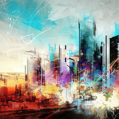 modern city skyline in graffiti with Generative AI.