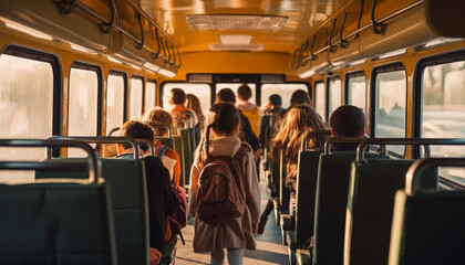 Fototapeta premium Rear view of a group of kids sitting in the bus and looking at the window, back to school, generative ai