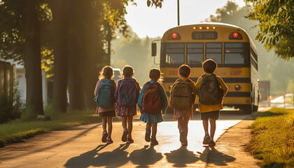 Back view of school kids going to school. Back to school concept, generative ai