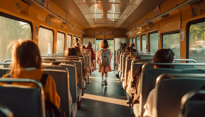 Rear view of a group of kids sitting in the bus and looking at the window, back to school, generative ai
