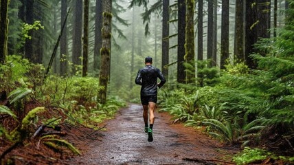 Obraz premium athlete running in the rain on a wooded route. GENERATE AI