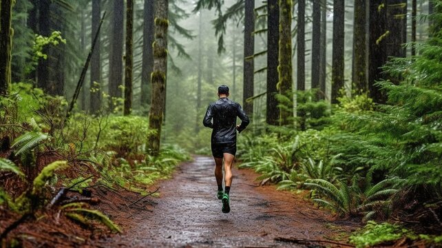 athlete running in the rain on a wooded route. GENERATE AI