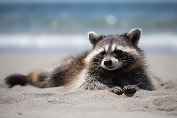 a raccoon sunbathing on the beach - obrazy, fototapety, plakaty