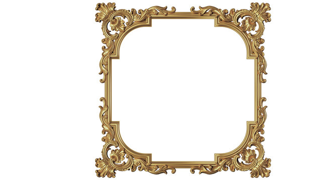 antique square frame gold color, PNG, cut out or isolated on white background