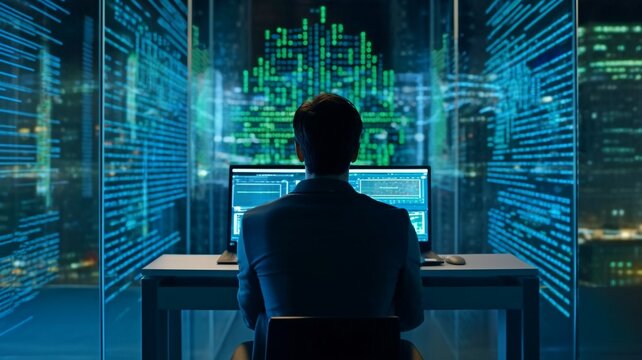 View from the back of a man using a laptop in a big data center office. High Speed Server Transfer, Science Technology Breakthrough, Development, and Innovation Concept. GENERATE AI