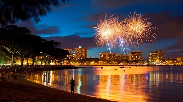 On July 4th, at Magic Island Park on the island of Oahu, fireworks fill the night sky over Honolulu during Hawaii's greatest fireworks show. GENERATE AI