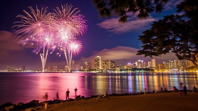 On July 4th, at Magic Island Park on the island of Oahu, fireworks fill the night sky over Honolulu during Hawaii's greatest fireworks show. GENERATE AI