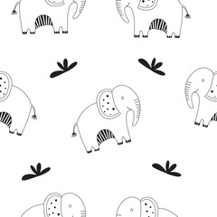 Seamless pattern with cute elephant on white background. Vector illustration in doodle style. Can be used for wrapping paper, fabric, textile, wrapping paper, fabric, textile etc.