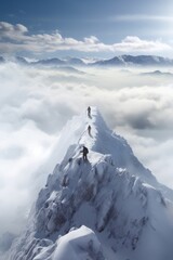 Climbers on the top of the mountain with fog in the background, Generative AI