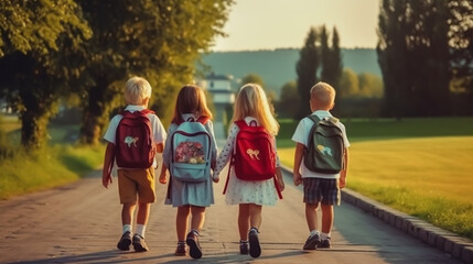 Obraz premium Back to school concept. School kids with backpacks going to school, Generative AI
