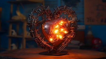 A stunning representation of a heart made of iron, cables, LEDs, and electrical components. Generative AI