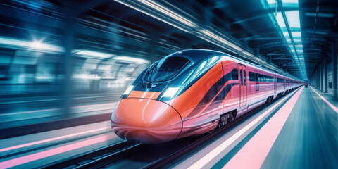 High speed train in motion blur with motion blur. Generative AI