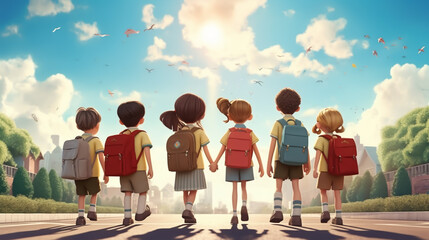 Back to school concept. School kids with backpacks going to school, Generative AI
