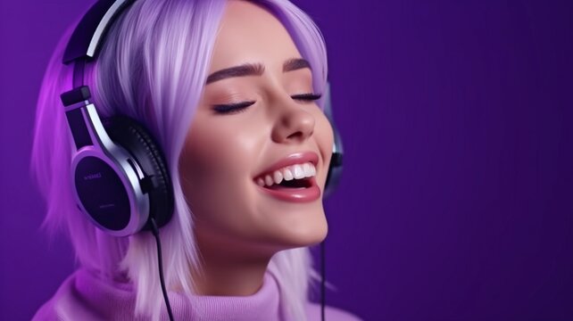 A teenage vocalist performs a song while wearing wireless headphones on a purple background. GENERATE AI
