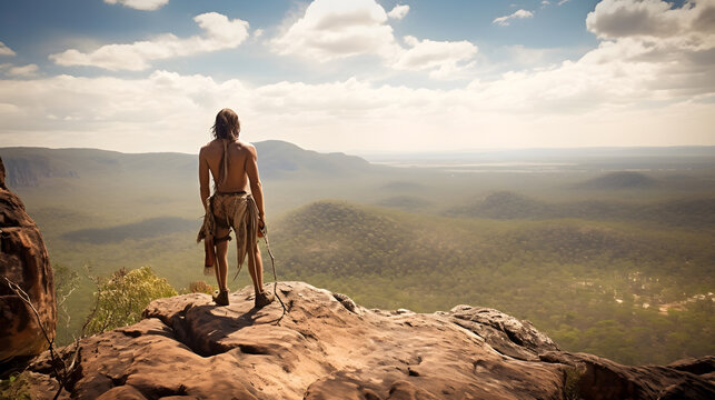 Australian Aboriginal on a mountain, overlooking expansive bushland. An image underscoring the vital bond between indigenous people and nature.