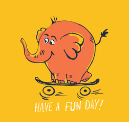 Elephant on skateboard funny cool summer t-shirt print design. Skater in skatepark. Slogan. Skate safari animal