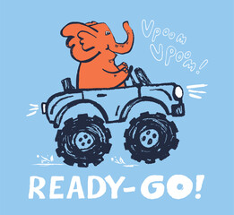 Elephant monster, truck funny cool summer t-shirt print design. Racing car. Speed sport buggy big foot - 612643304