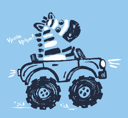 Zebra monster, truck funny cool summer t-shirt print design. Racing car. Speed sport buggy