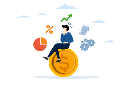 Money question, where to invest, pay off debt or invest for profit, concept of financial choice or alternative for making a decision. businessman sitting on coin and thinking about investment.