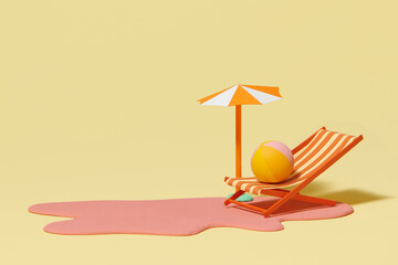 Beach umbrella with chairs on paper beach. summer vacation concept