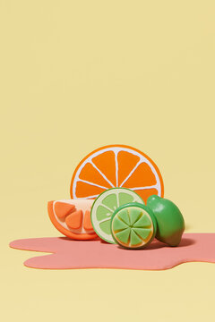 Tropical vacation at the beach with pile of citrus lemon, orange