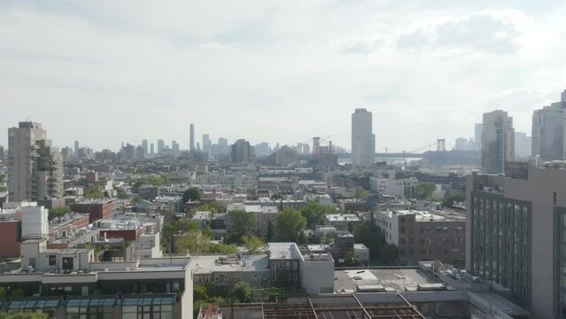 Flying over the rooftops in the Williamsburg neighborhood of Brooklyn