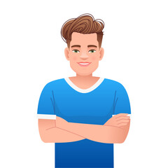 A smiling, handsome guy stands with his arms crossed. A happy confident white man in a blue T-shirt.