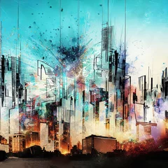 Fotobehang Aquarelschilderij wolkenkrabber modern city skyline in graffiti with Generative AI.