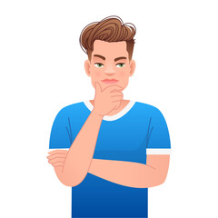 Young guy was thinking about something. A man in a blue T-shirt is thinking about something.