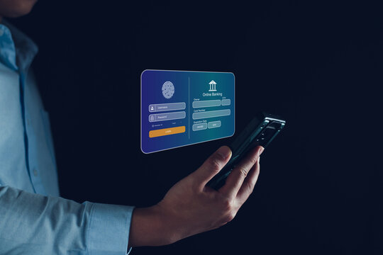 Cybersecurity Online Banking And Payment Concept. Man Fingerprint Screen To Encrypt Credit Card Payment Unlocks, Private Security Business Bank Account, Online Payment And Digital Shopping On Network.