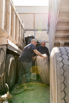Male mechanics replacing truck wheel