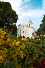 Iglesia blanca al lado de el árbol del Tule en Oaxaca Mexico.  Antigua iglesia tradicional mexicana.
