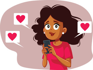 Happy Woman Receiving Love and Appreciation Online Vector Cartoon Illustration. Social media influencer receiving positive feedback online
