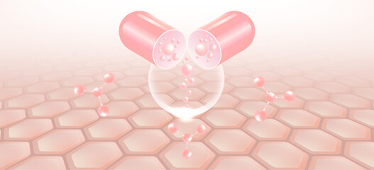 Hyaluronic acid hair and skin solutions ad, pink collagen serum drop over skin cell with cosmetic advertising background ready to use, illustration vector.