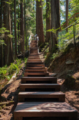 Obraz premium Eco path wooden walkway steps or stairs in the forest. Ecological trail path. Wooden path in the National park in Canada