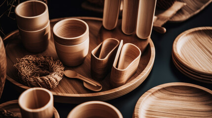 Sustainable bamboo natural plates and bowls. Generative ai