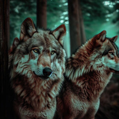 Grey wolves in cedar forest with Generative AI.