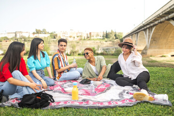 A multicultural picnic in the park with friends