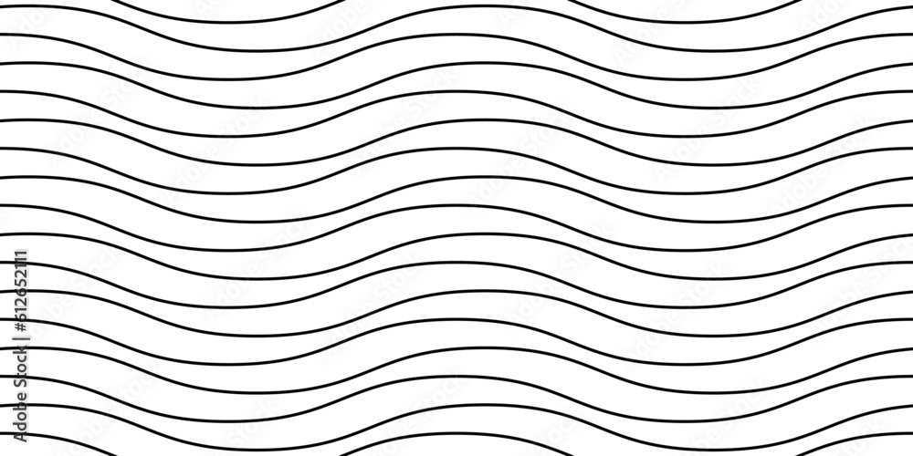 Poster Wavy lines seamless pattern. Undulate stripes repeating background. Black and white horizontal waves texture. Simple curved linear wallpaper. Textile and fabric swatch design template. Vector