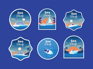 ocean liner collection icon set shipping vessel, sailboat, yacht sailing ship. illustration of a ship for water transportation on a blue background.