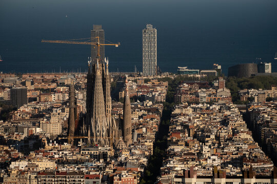 Barcelona City, City Skyline At Dusk