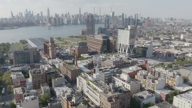 Aerial of Williamsburg's waterfront properties with Manhattan views