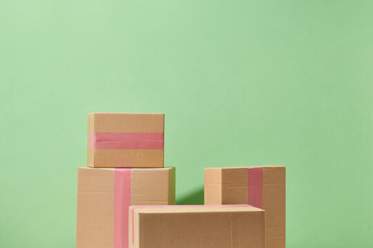 Group of goods in cardboard boxes.