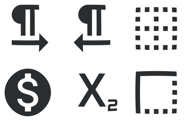 Set of 6 icons Editor. A set vector icons. Outline isolated signs. Linear symbols set. Thin filled icons pack. Vector illustration