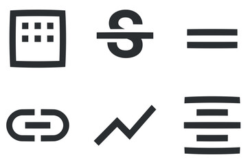 Set of 6 icons Editor. Vector collection thin line Web icon. Outline isolated signs. Linear symbols set. Big UI icon set. UX UI